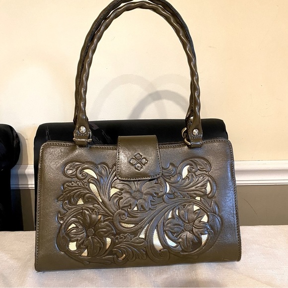 Patricia Nash Olive Green & Gold Embossed Leather Shoulder Bag - Picture 1 of 15